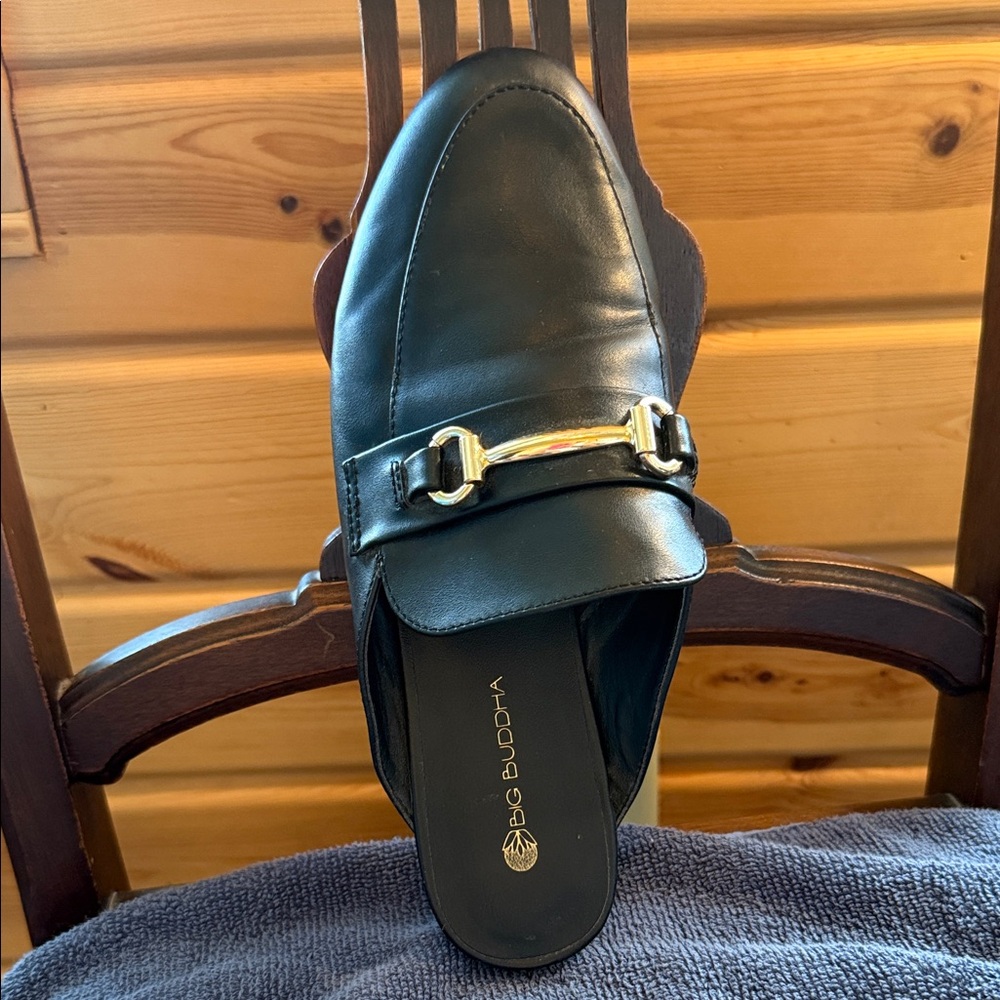 Big Buddha Black Leather Slip-On Loafers with Gold Buckle 8.5 - Picture 6 of 8